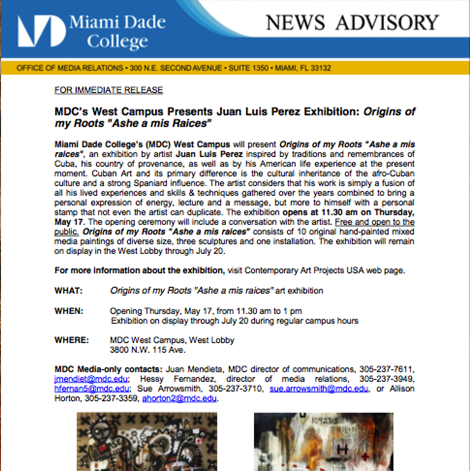 Miami Dade College presents Juan Luis Perez Exhibition